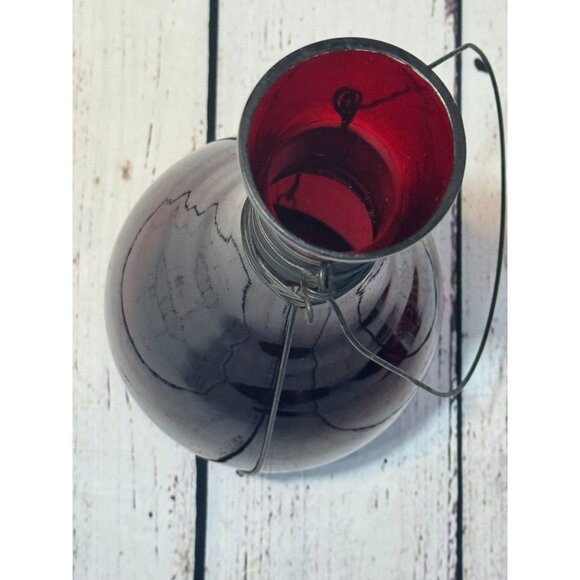 Vintage Red Glass Hanging Lantern Tea Light Holder With Metal Wire Wrap & Handle - Picture 5 of 11